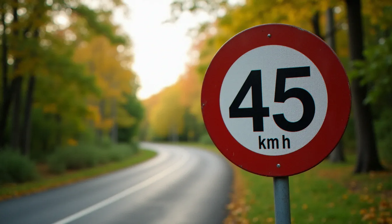 Panneau de limitation de vitesse à 45 km/h sur une route départementale rurale, signalant les zones accessibles aux voiturettes sans permis
