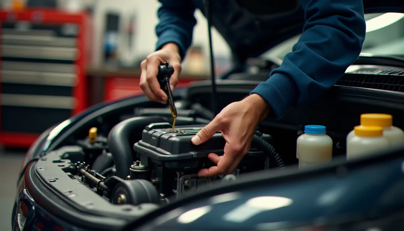 Entretien du moteur diesel d'une voiturette sans permis en atelier, vidange et remplacement du filtre à huile par un mécanicien