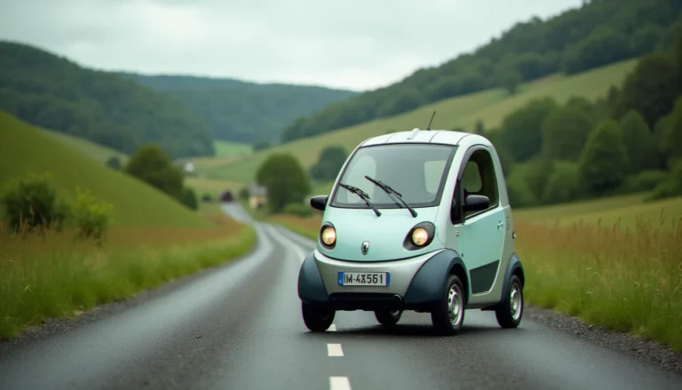 Auto sans permis garée sur une route rurale à Brassac-les-Mines dans le Puy-de-Dôme, entourée de paysages verdoyants du Massif Central