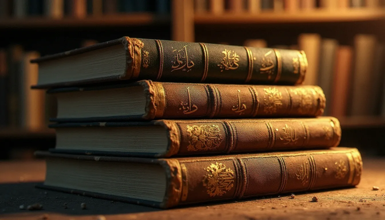 Pile de livres arabes anciens sur une étagère de bibliothèque, évoquant les grandes œuvres autobiographiques de la littérature arabe classique
