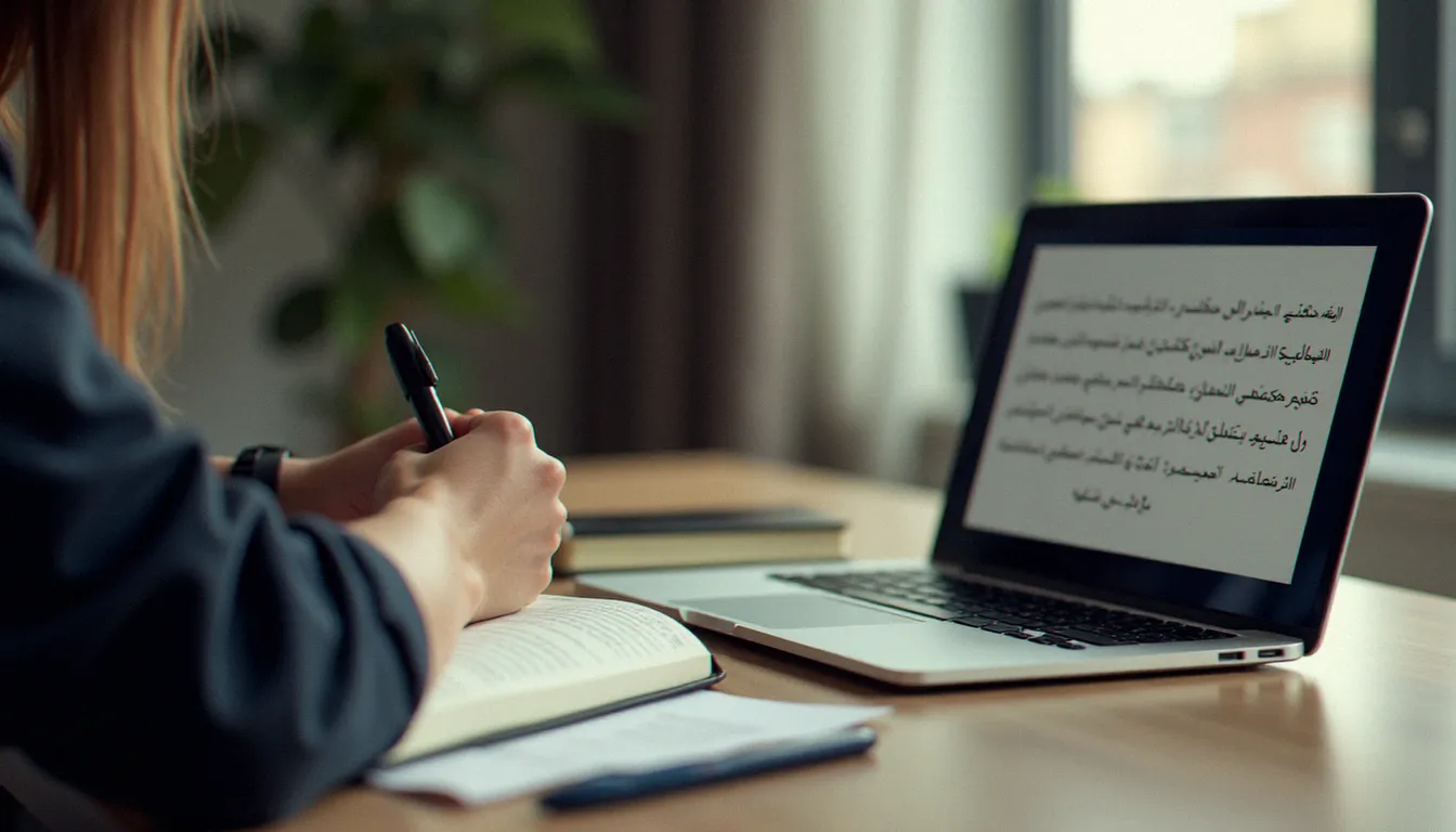 Personne en train d'écrire une autobiographie en arabe dans un carnet moderne, avec un ordinateur portable ouvert sur un dictionnaire arabe en ligne