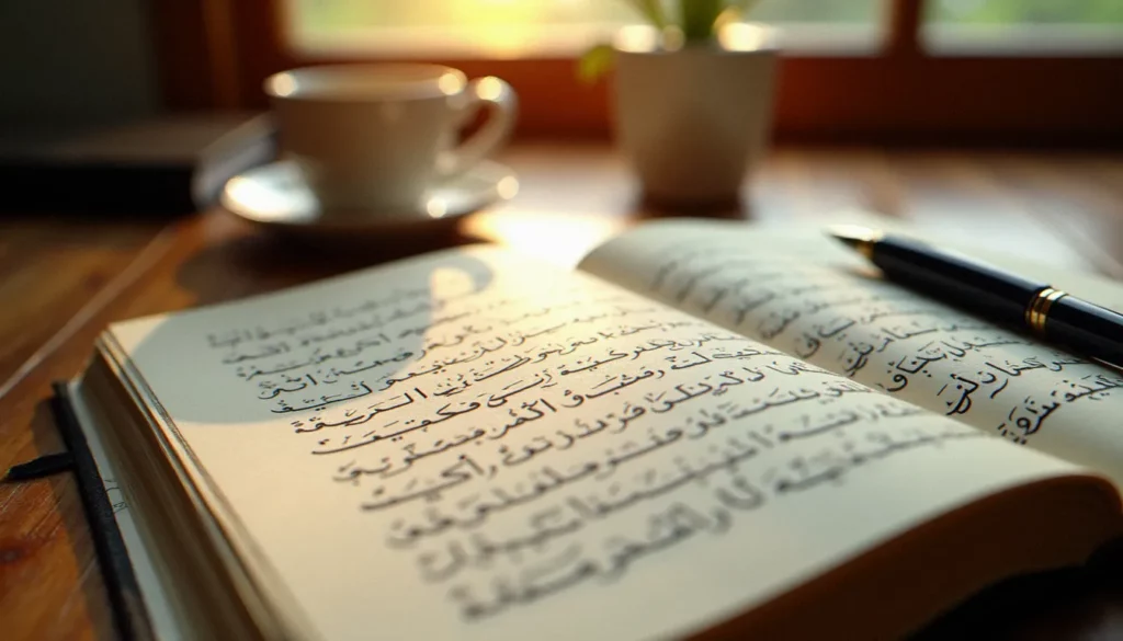 autobiographie en arabe featured Journal ouvert avec une écriture manuscrite en arabe représentant une autobiographie en arabe, plume posée à côté sur un bureau en bois