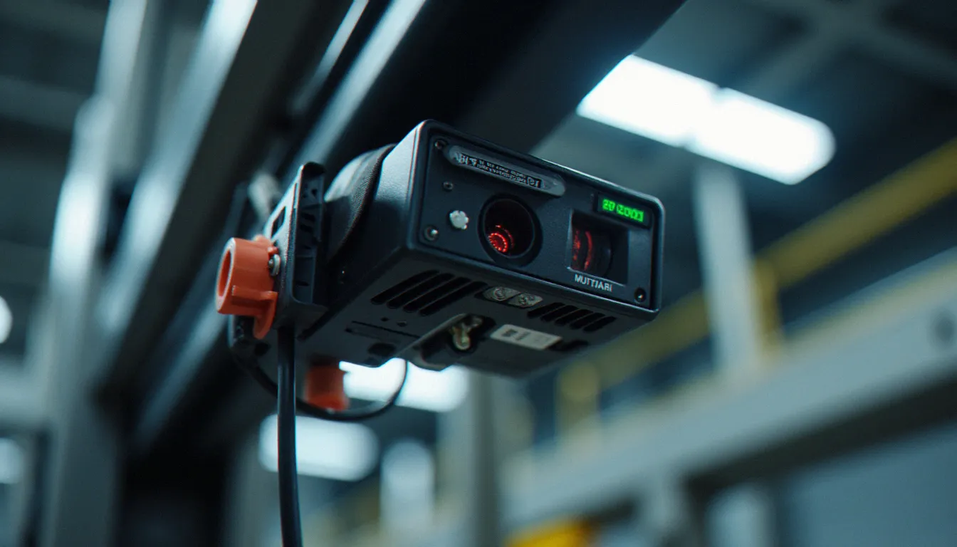 Capteur LiDAR et scanner laser montés sur un automated guided vehicle dans un environnement industriel, détail technique des composants électroniques