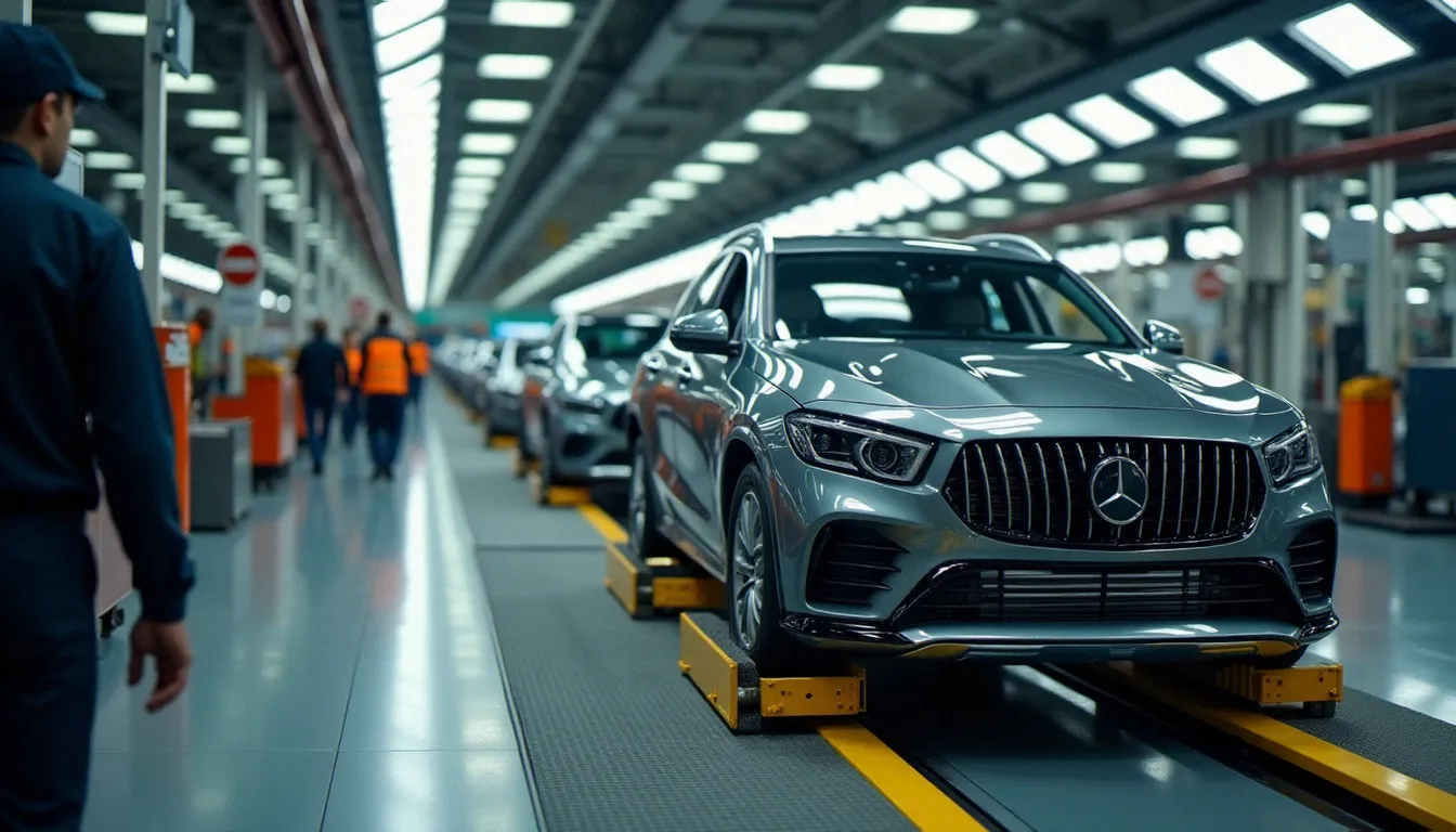 Ligne de montage automobile avec un automated guided vehicle déplaçant une carrosserie entre deux postes de travail, opérateurs en équipement de sécurité