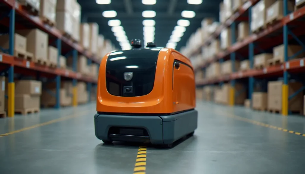 automated guided vehicle featured Automated guided vehicle de couleur orange transportant une palette dans une allée d'entrepôt industriel moderne avec marquages de sécurité au sol