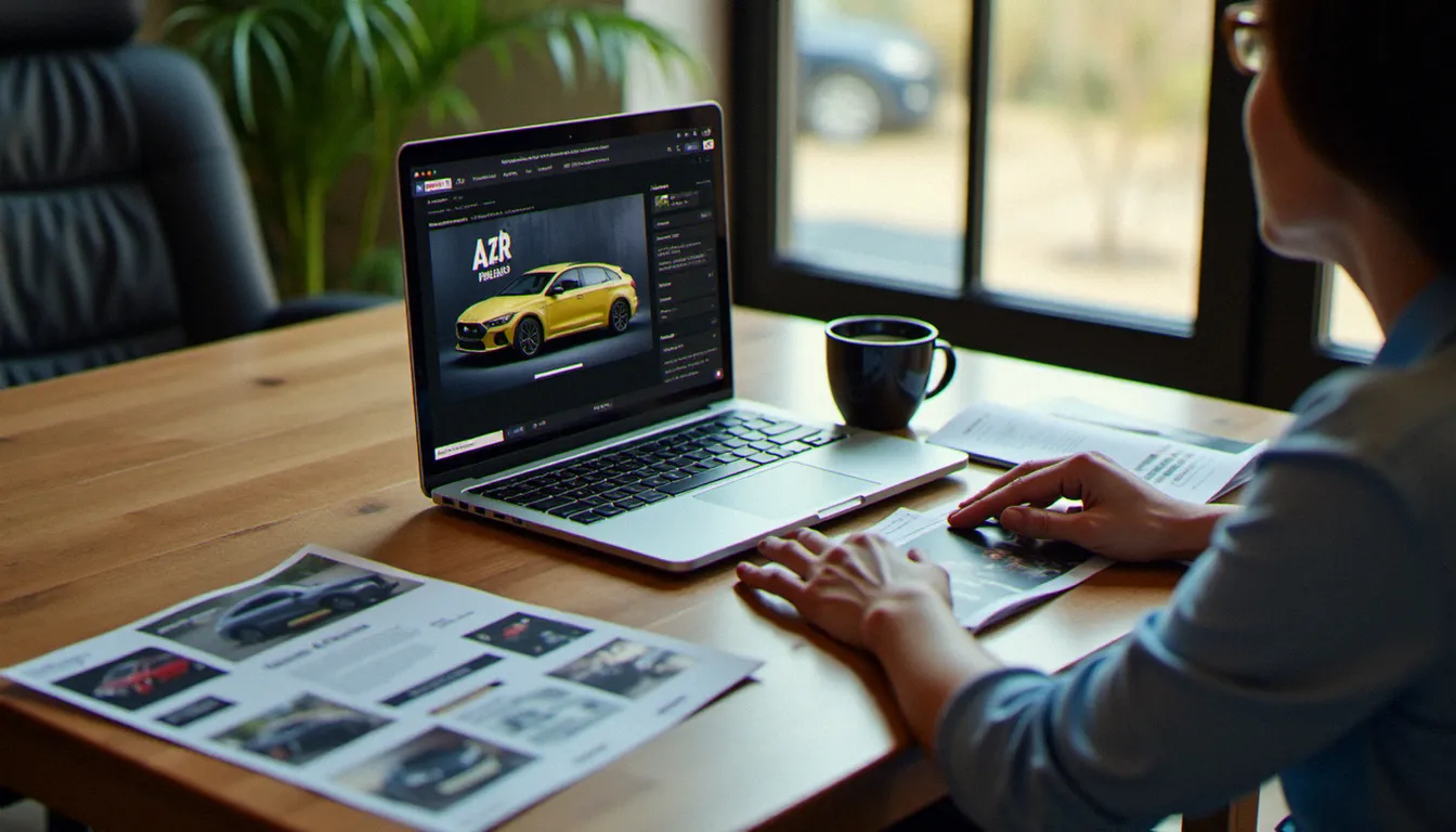 Acheteur analysant des avis automobile en ligne avant de choisir un kit carrosserie, comparant des forums sur ordinateur portable
