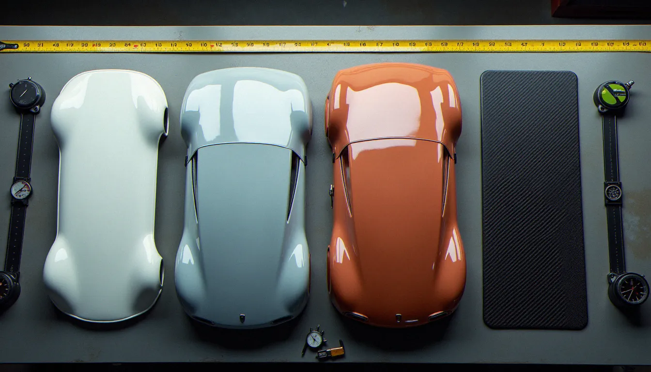 Comparaison de quatre matériaux de kits carrosserie — polyuréthane, ABS, fibre de verre et carbone — posés côte à côte sur un établi métallique