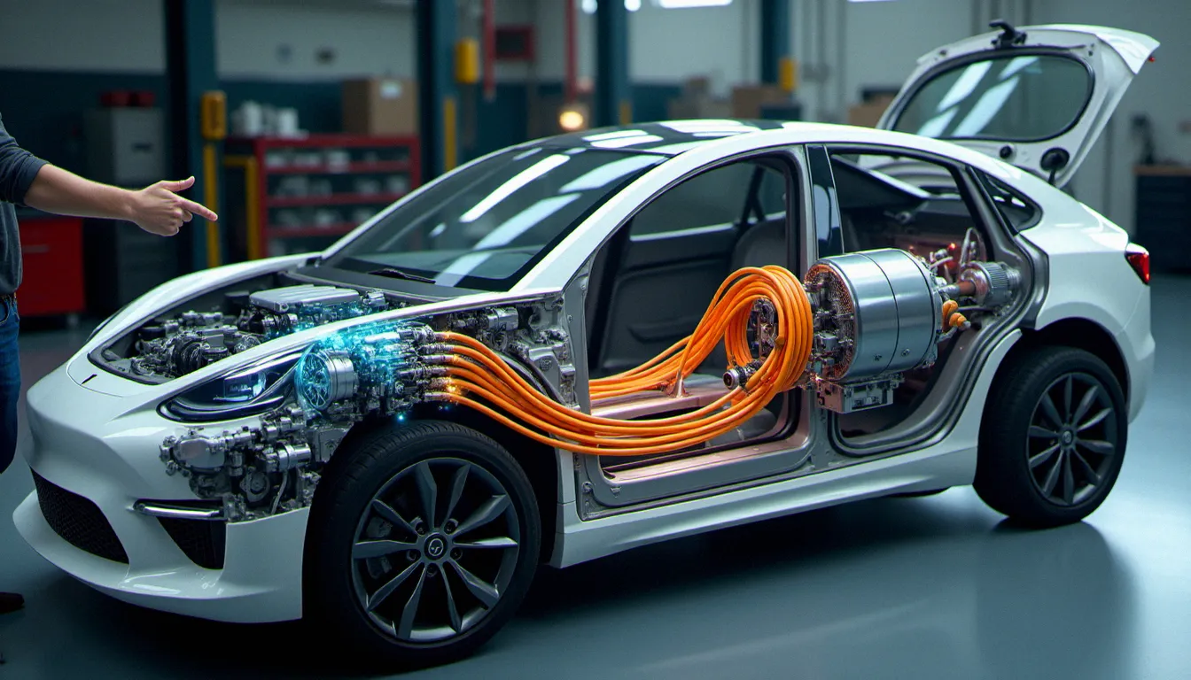 Vue sous le capot d'une automobile hybride électrique montrant le moteur thermique et le moteur électrique côte à côte avec les câbles haute tension orange visibles