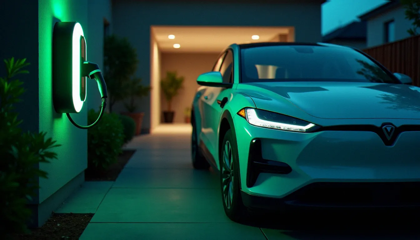 Voiture hybride rechargeable branchée sur une borne de recharge domestique dans un garage résidentiel la nuit, voyant de charge vert allumé