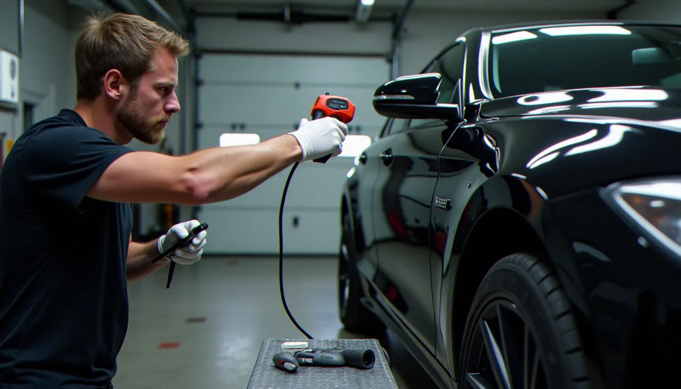 Technicien mesurant la température d'une carrosserie avant pose de film vinyle dans un atelier de préparation automobile