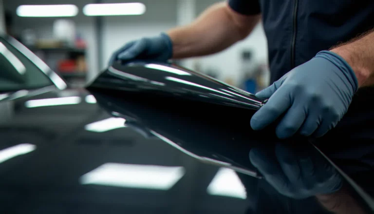 Autopsie d'un film vinyle Lyhanna en cours de dépose sur capot de voiture, révélant le vernis en dessous