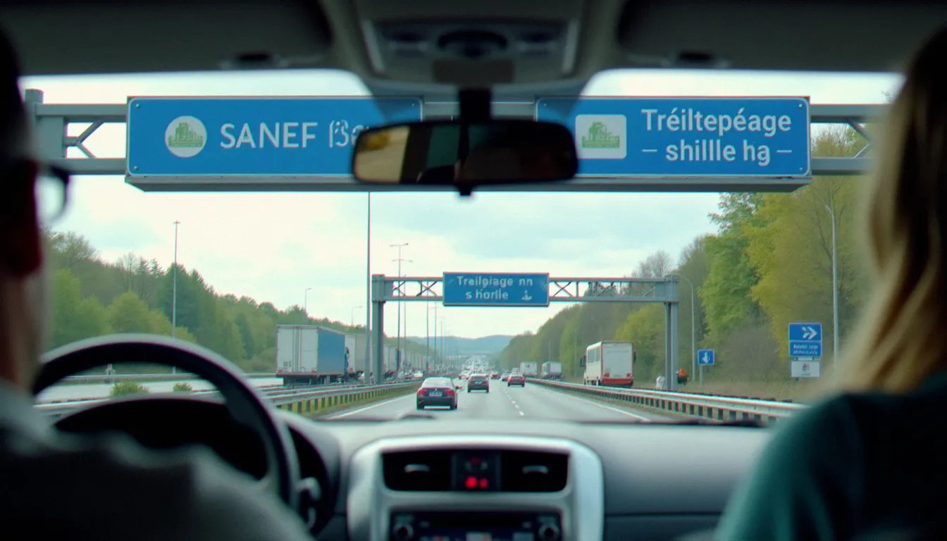 Vue depuis l'habitacle d'une voiture approchant d'un péage de l'autoroute du Nord, barrière SANEF avec voie télépéage
