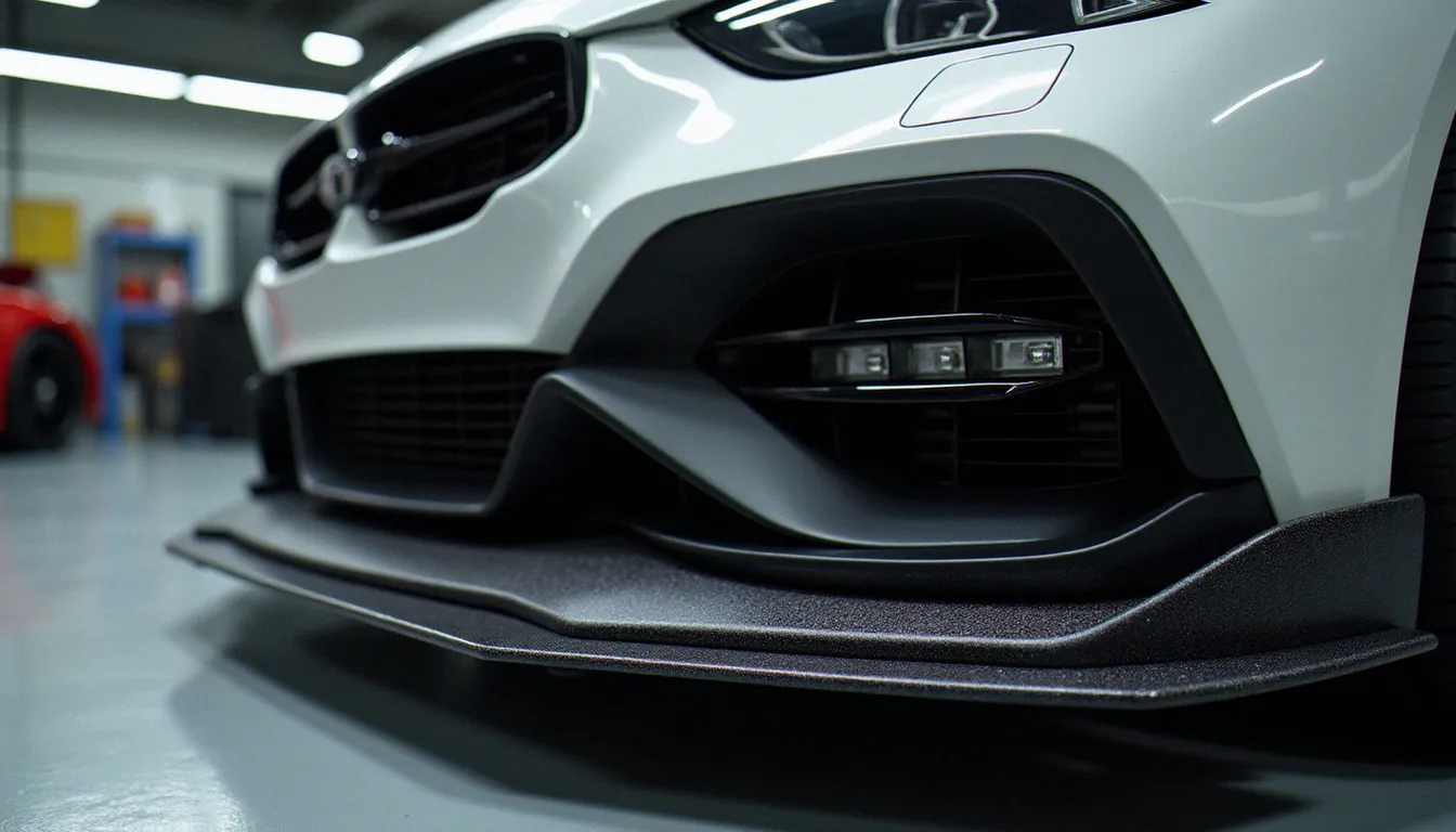 Détail d'un kit carrosserie avant monté sur une voiture de sport en atelier, becquet aérodynamique et jupe avant en polyuréthane