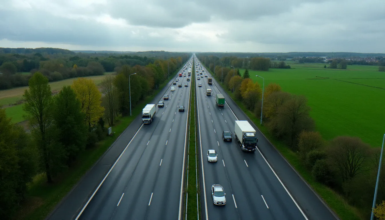 Vue aérienne de l'autoroute du Nord A1 en direction de Lille, avec circulation dense de voitures et camions dans les Hauts-de-France