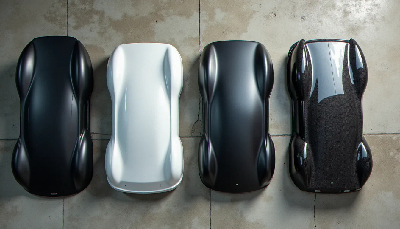 Comparaison des matériaux de kits carrosserie — polyuréthane, fibre de verre, ABS et carbone côte à côte sur un sol d'atelier