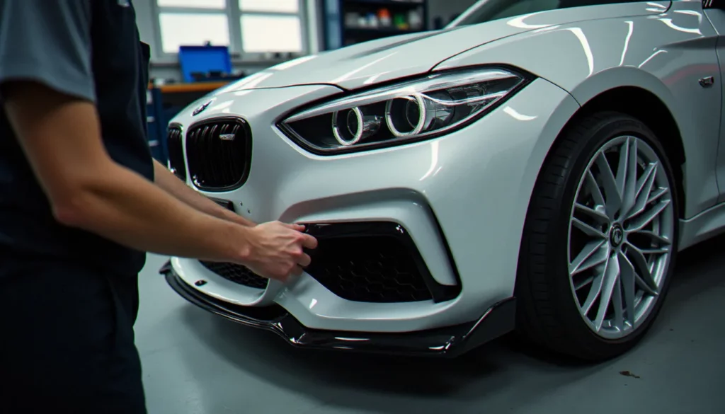 car avis featured Montage d'un kit carrosserie en polyuréthane sur bouclier avant dans un atelier automobile — car avis terrain