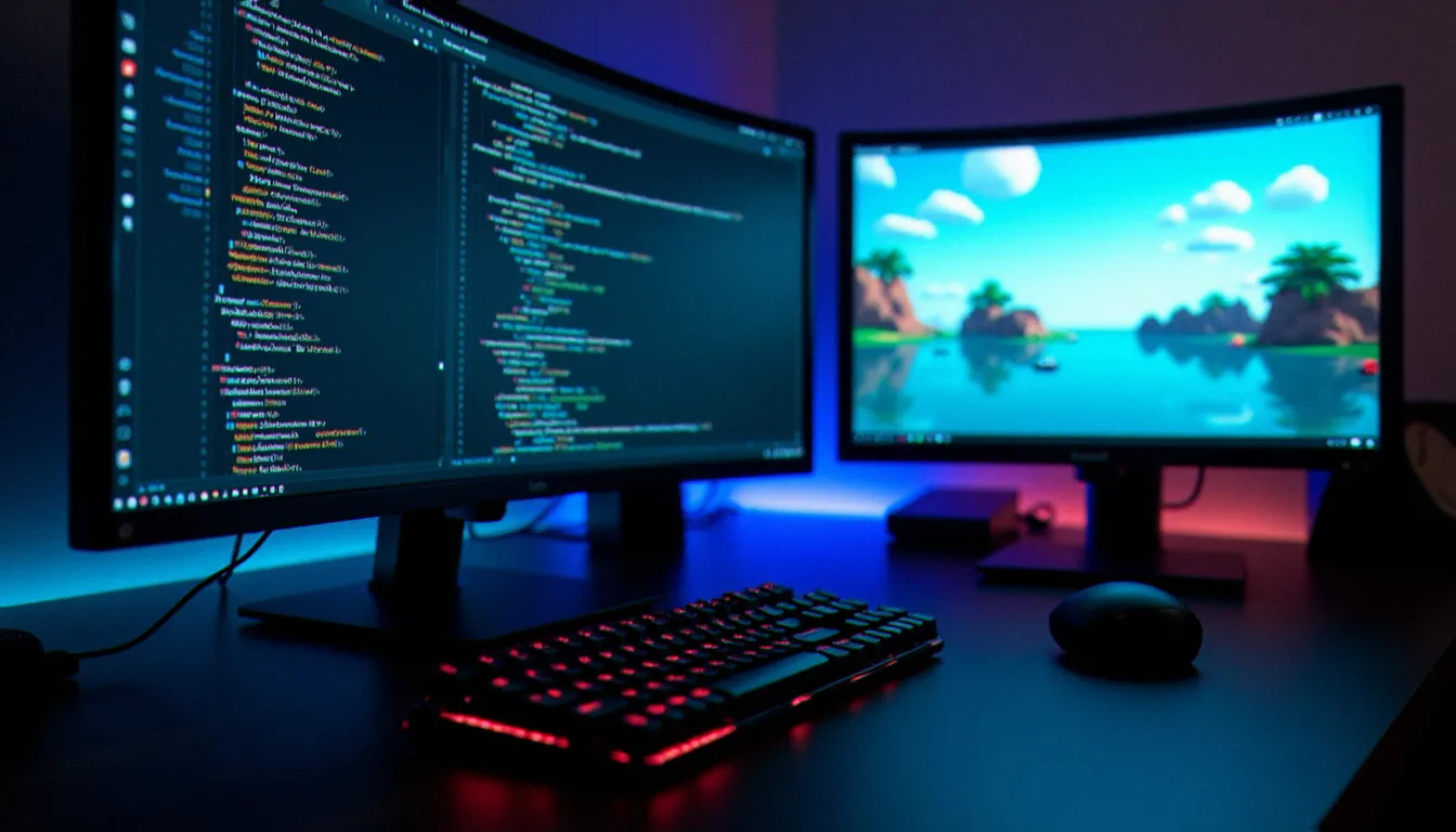 Bureau de développeur avec deux écrans montrant du code Lua et une interface de jeu Roblox utilisés pour configurer un script d'automatisation