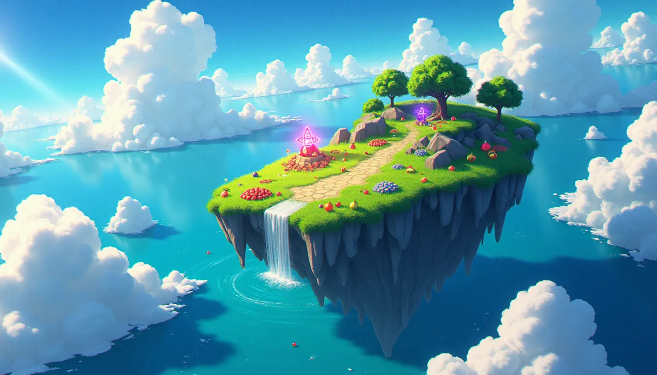 Vue aérienne d'une île flottante de Blox Fruit avec des fruits rares lumineux spawnant sur le terrain, illustrant les meilleures zones de farming