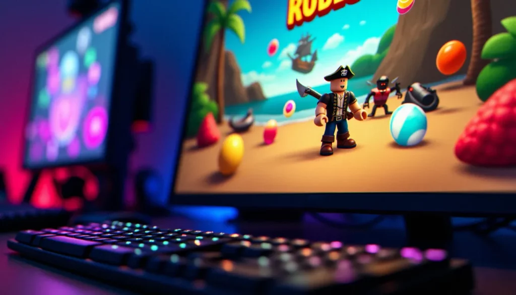 comment auto farm sur blox fruit featured Interface du jeu Blox Fruit sur Roblox montrant un personnage en train de farmer automatiquement des fruits et des ennemis sur une île tropicale