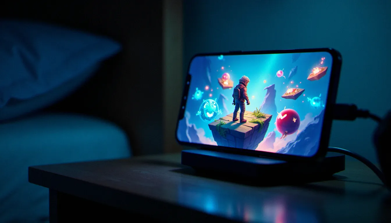 Smartphone branché sur chargeur pendant une session de farm automatique nocturne sur un jeu mobile, écran affichant un personnage sur une île flottante entouré d'ennemis