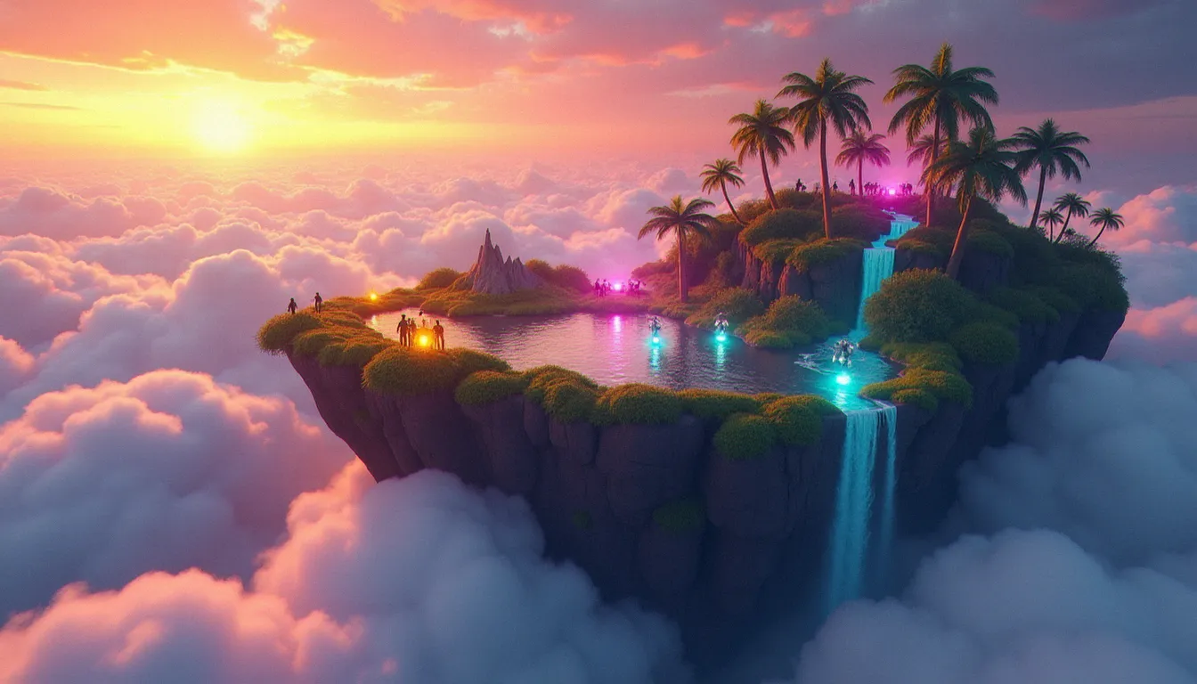 Île fantastique flottante avec ennemis dispersés représentant un spot d'auto farm AFK dans Blox Fruits sur PC