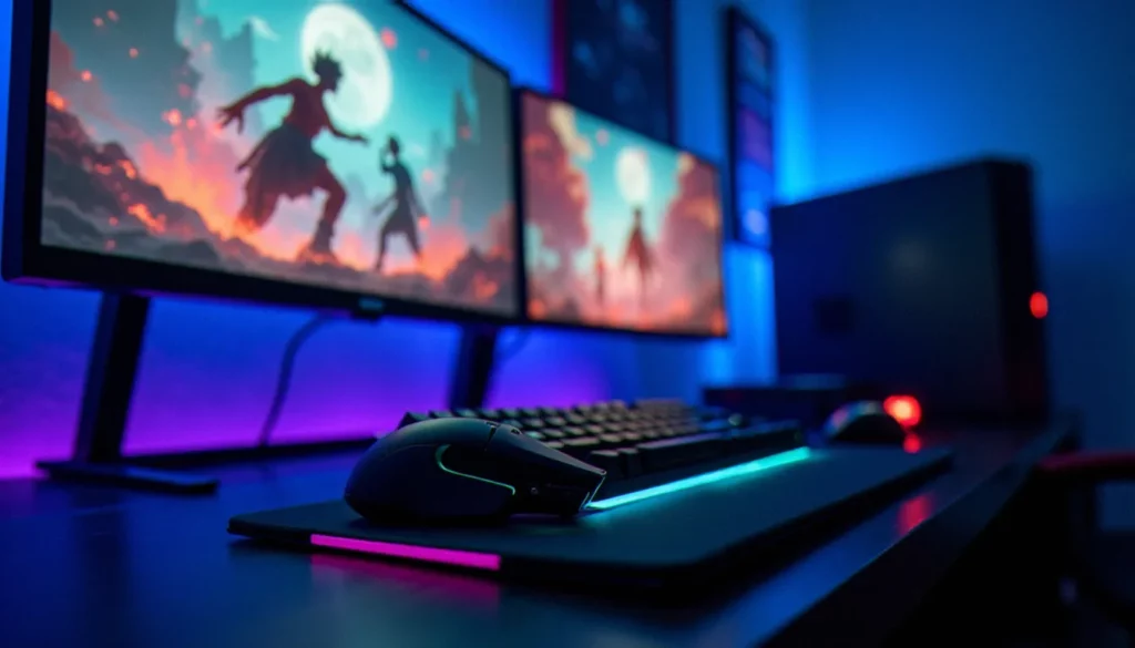 comment auto farm sur blox fruit pc featured Setup PC gaming avec double écran affichant un jeu d'action pour illustrer comment auto farm sur Blox Fruit PC