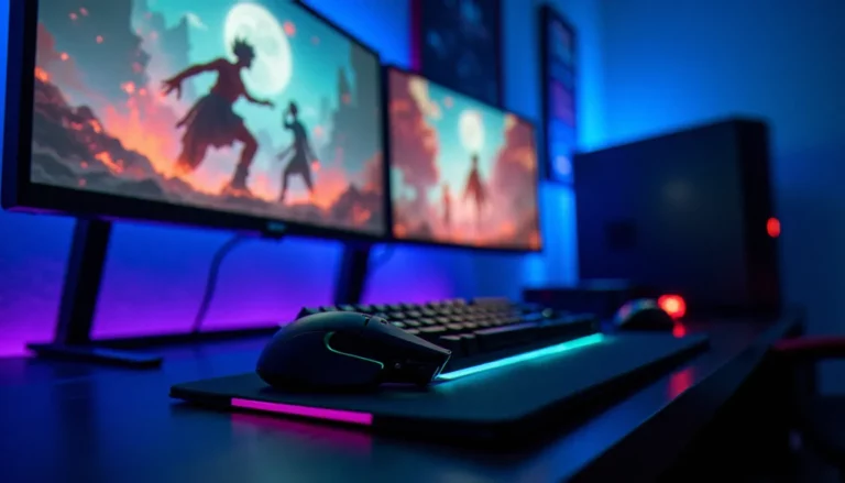 Setup PC gaming avec double écran affichant un jeu d'action pour illustrer comment auto farm sur Blox Fruit PC