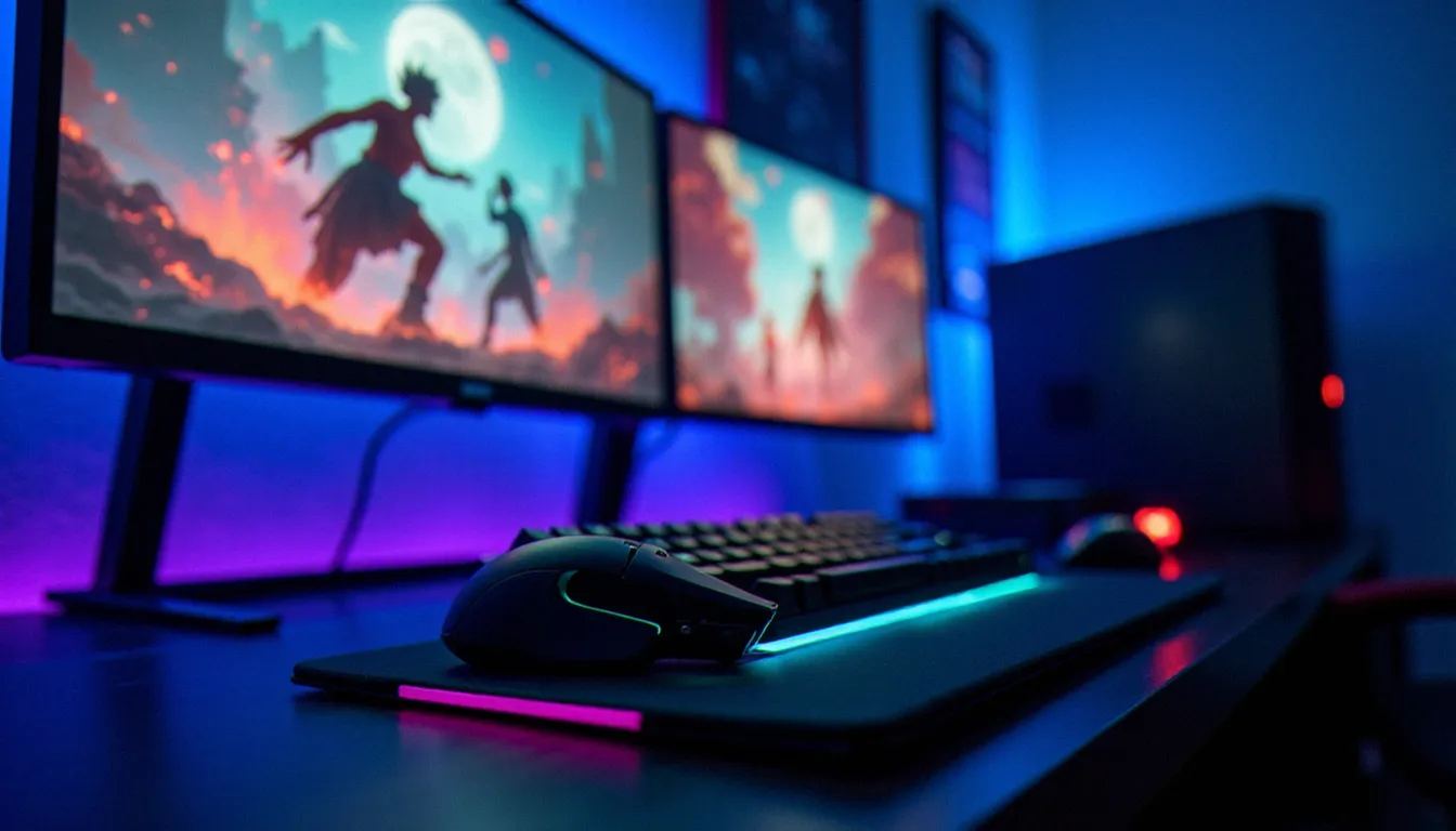 Setup PC gaming avec double écran affichant un jeu d'action pour illustrer comment auto farm sur Blox Fruit PC