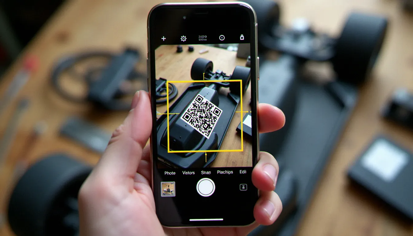Écran d'iPhone avec l'application appareil photo qui détecte un QR code sur une pièce de kit carrosserie