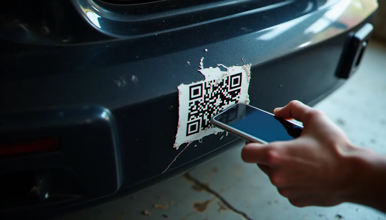 QR code partiellement endommagé sur un pare-chocs auto avec tentative de scan par smartphone dans un garage
