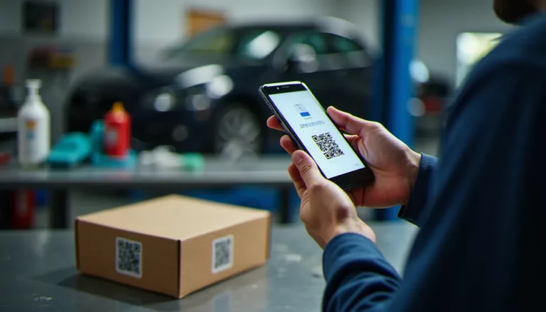 Mécanicien auto scanner un qr code sur un emballage de pièce carrosserie avec son smartphone dans un atelier