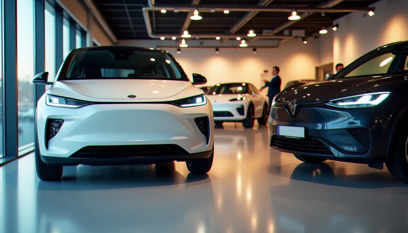 Showroom de voitures électriques 2026 avec plusieurs modèles exposés pour comparatif