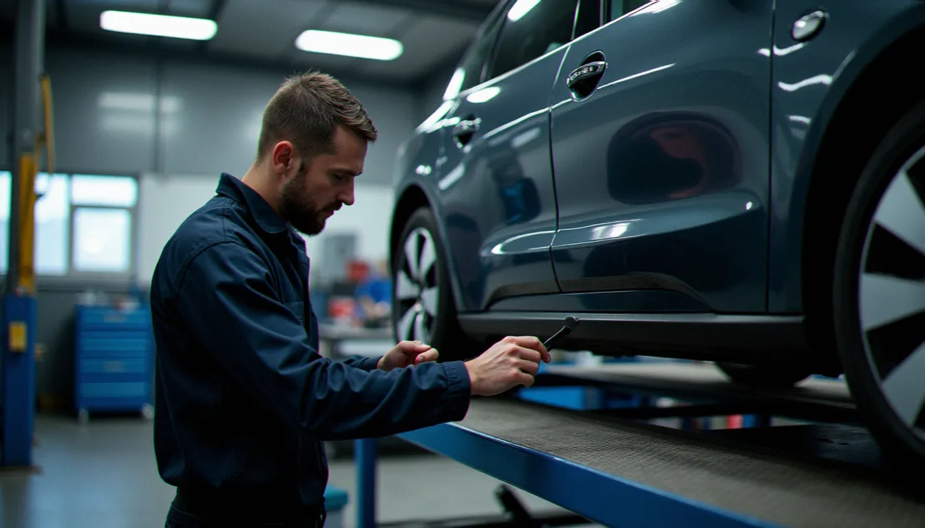 Préparateur carrosserie inspectant le bas de caisse d'un véhicule électrique en atelier