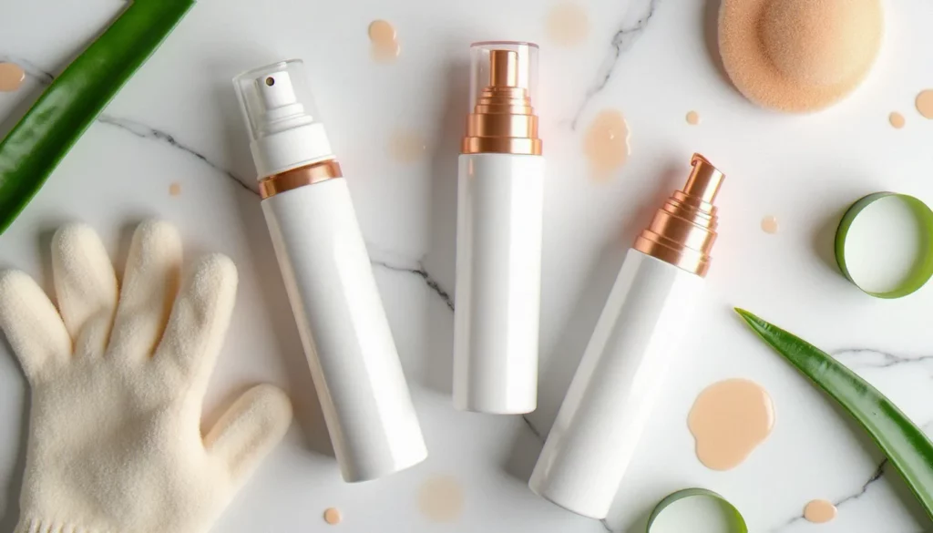 meilleur autobronzant featured Comparatif des meilleurs autobronzants en format mousse, lait et spray posés sur marbre blanc avec gant applicateur