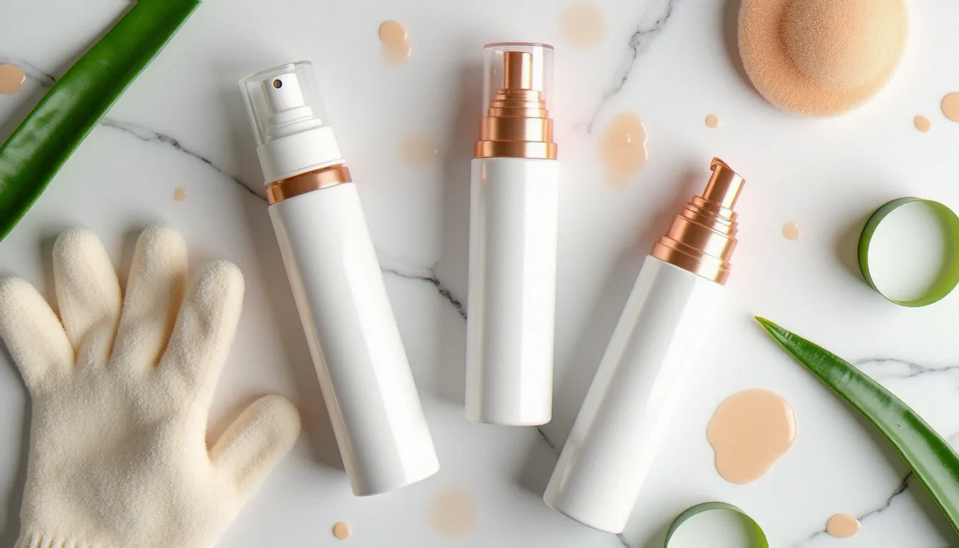 Comparatif des meilleurs autobronzants en format mousse, lait et spray posés sur marbre blanc avec gant applicateur
