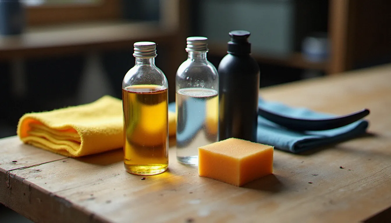 Ingrédients naturels pour nettoyant plastique auto disposés sur un établi : huile de lin, vinaigre blanc et savon noir avec des chiffons microfibres