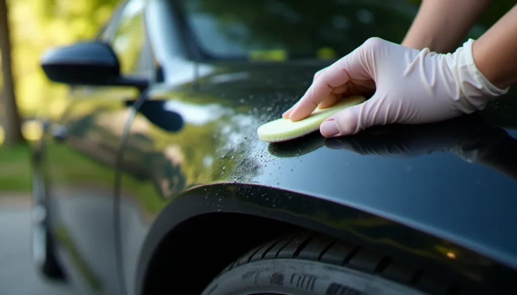 nettoyant plastique auto naturel featured Application d'un nettoyant plastique auto naturel sur un pare-chocs noir mat avec un applicateur en mousse