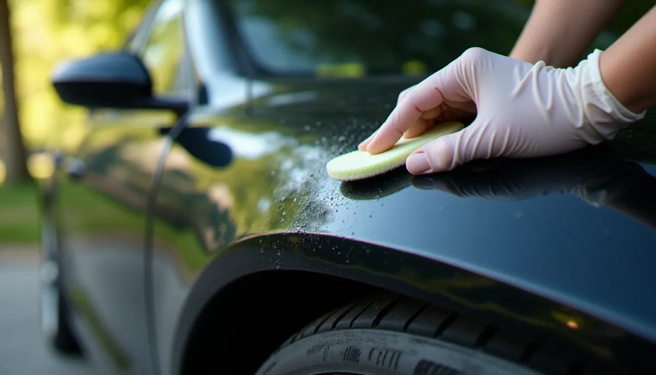 Application d'un nettoyant plastique auto naturel sur un pare-chocs noir mat avec un applicateur en mousse
