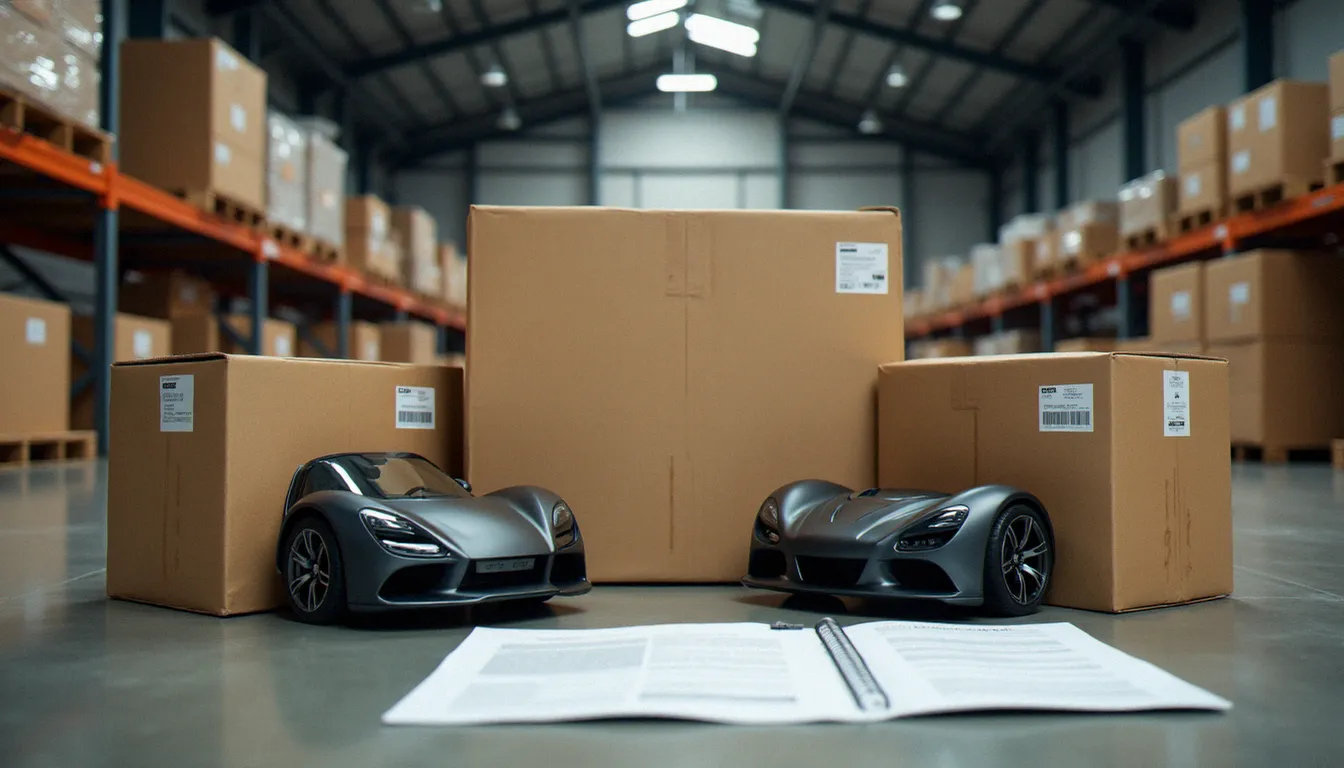 Colis de pièces carrosserie importées avec documents douaniers et fiscaux posés à côté, dans un entrepôt bien éclairé