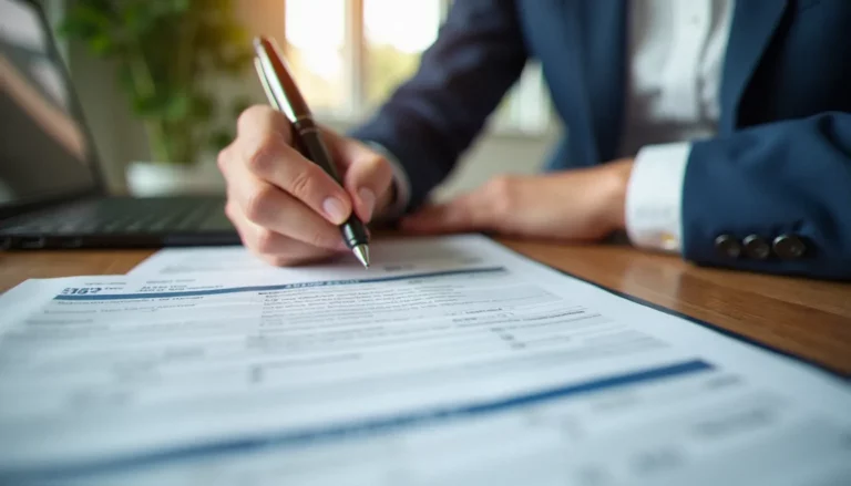 Remplissage d'un formulaire d'auto certification de résidence fiscale, main tenant un stylo sur un document officiel posé sur un bureau en bois