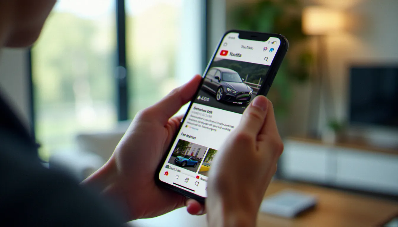 Mains tenant un smartphone affichant des chaînes YouTube automobiles, alternative numérique aux émissions auto télévisées comme Auto Moto
