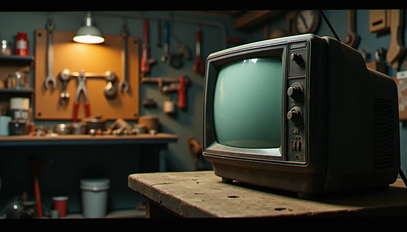 Téléviseur vintage des années 1990 dans un atelier de mécanique, symbolisant la fin de diffusion des émissions automobiles classiques