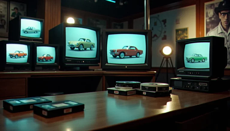Studio de télévision vide avec décor de magazine automobile des années 1990, évoquant la disparition d'Auto Moto de la diffusion