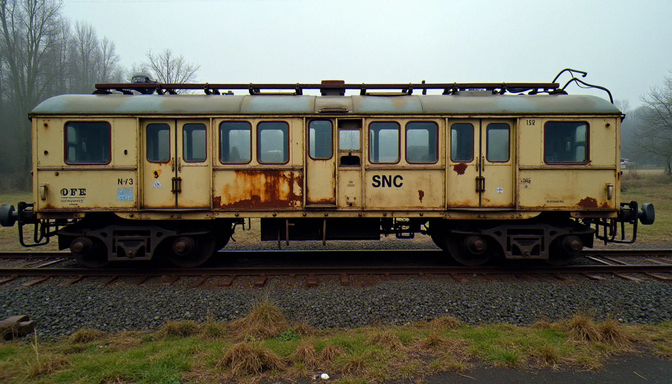 Wagon porte-auto SNCF vieillissant et abandonné sur une voie de garage, symbole de la fermeture du service Auto Train