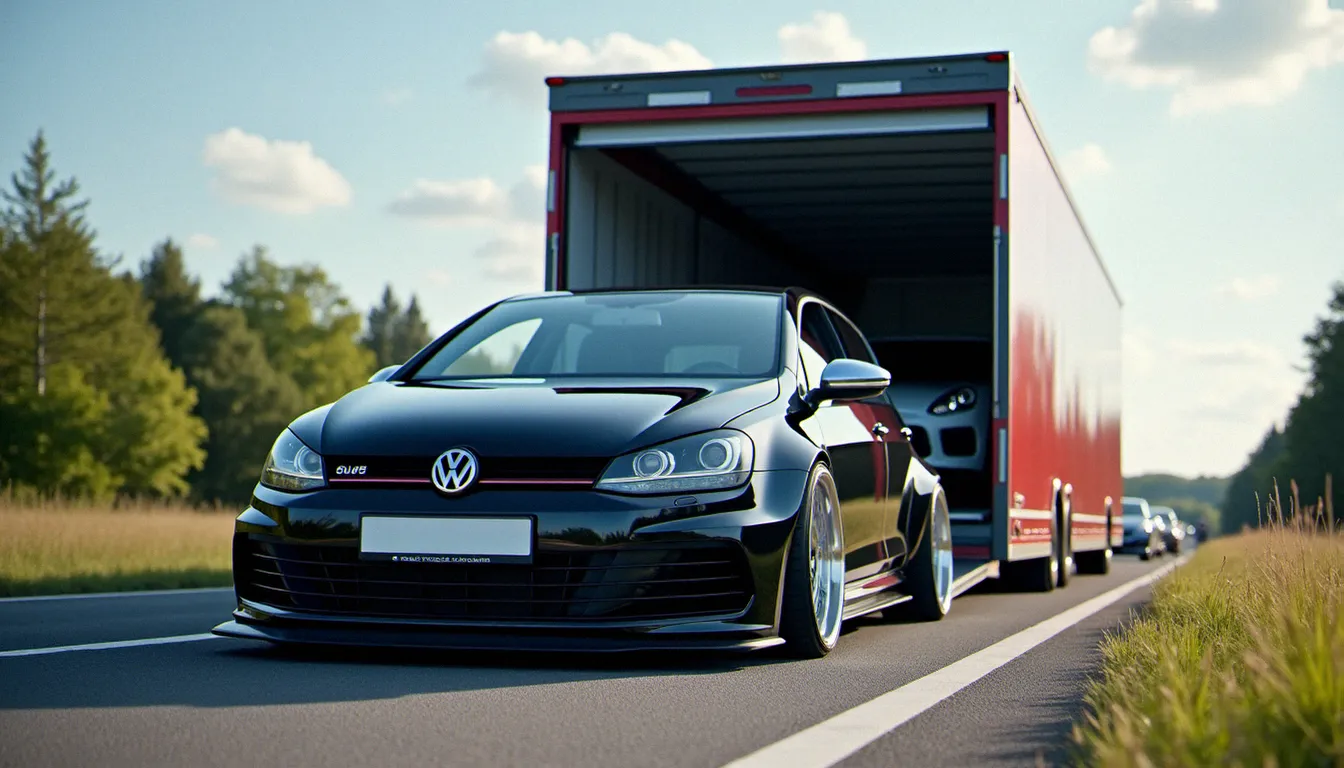 Une Golf avec kit carrosserie chargée sur un camion transport fermé, alternative utilisée depuis la suppression d'Auto Train