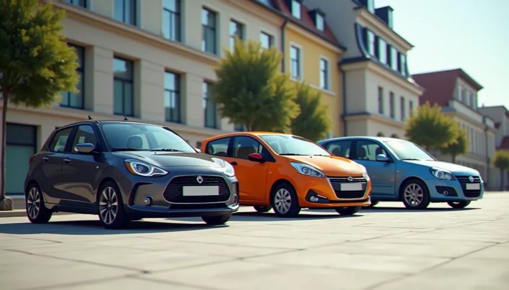 voiture meilleur rapport qualite prix featured Trois voitures compactes de segments différents alignées pour comparer leur rapport qualité prix, photographiées en lumière naturelle dans un cadre urbain européen