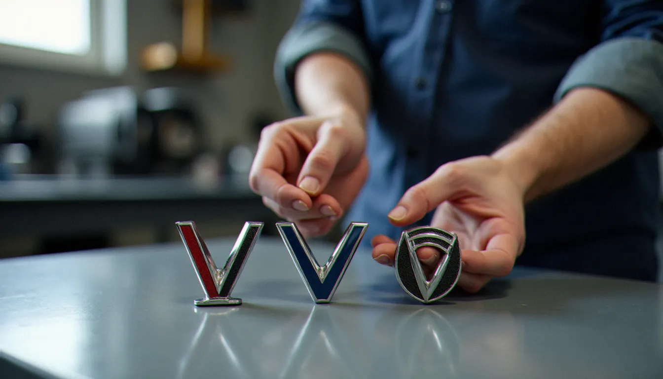 Trois badges automobiles avec logo V différents posés côte à côte sur un établi d'atelier, comparaison des emblèmes de marques auto