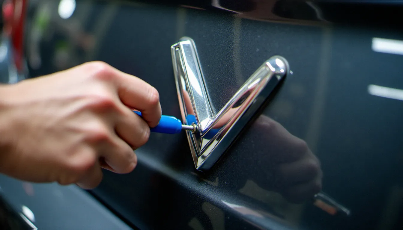 Retrait d'un badge auto avec logo V sur carrosserie de coffre en atelier, outil de démontage visible et traces d'adhésif sur la surface