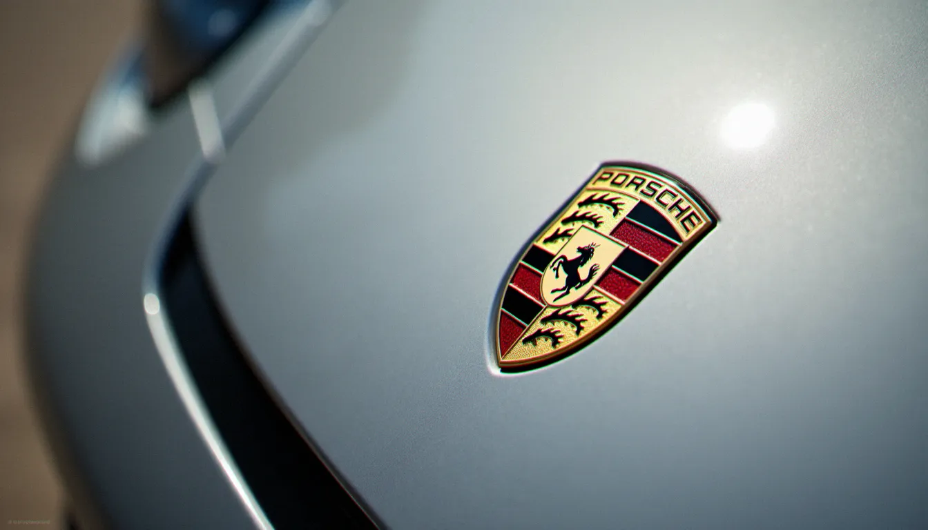 Blason Porsche avec cheval sur carrosserie grise, signe de cheval équestre sur auto allemande de sport