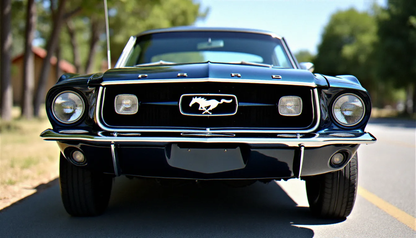 Badge mustang au galop sur calandre chromée d'une Ford Mustang bleue classique, signe de cheval sur auto américaine